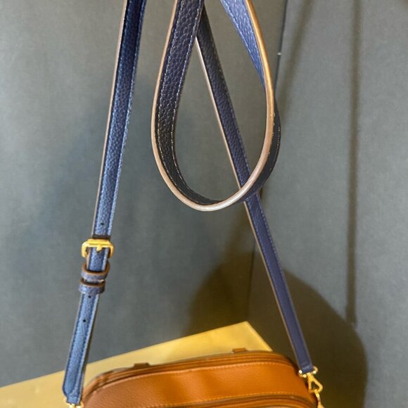 Anne Klein Navy & Cognac Pebbled Satchel with Crossbody Strap - Picture 8 of 9